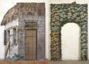 Accessories of exterior scenes (a hut with doors, garden trellis).
